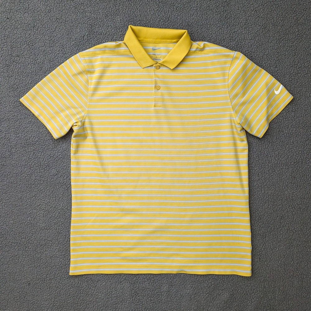Nike Golf Mens Dri-FIT Striped Polo Shirt Yellow White Medium Short Sleeve